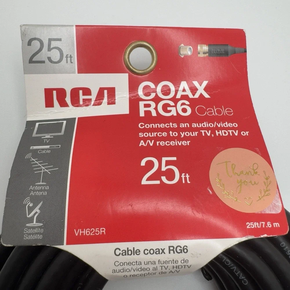 RCA VH625R RG6 Coaxial Cable 25ft Black HDTV Satellite TV Audio Video Wire